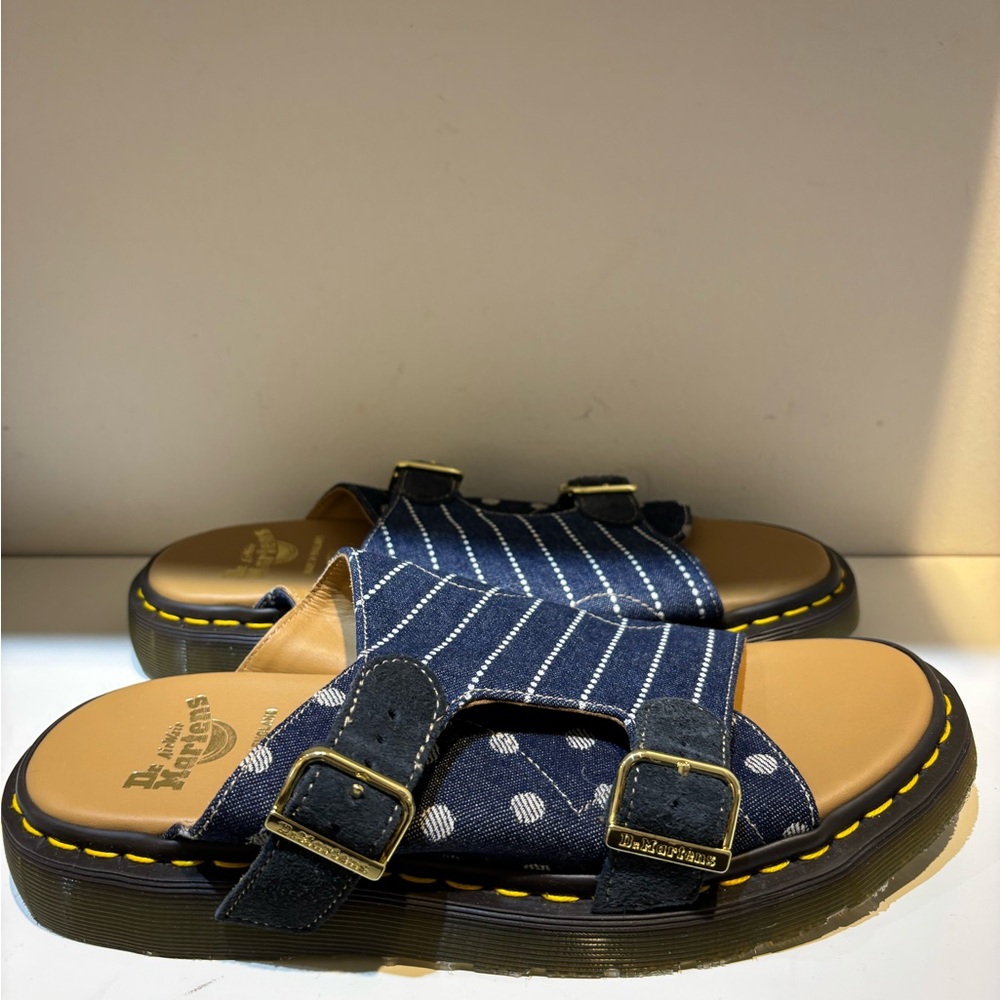 DR MARTENS DAYNE MADE IN ENGLAND PINSTRIPE DOT SLIDE SANDALS